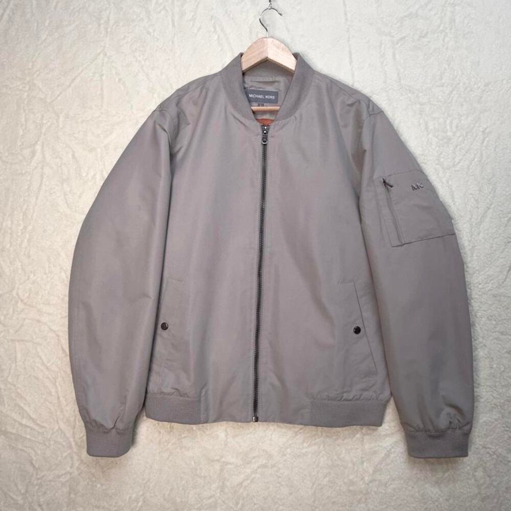 Michael Kors Mens Gray Bomber Jacket MK Logo Large Full Zip Aviator